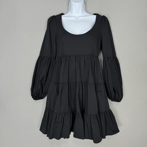 Cinq a Sept Rose Tiered Mini Dress Womens 2 Black Bishop Sleeve Cottage Boho - Picture 2 of 16